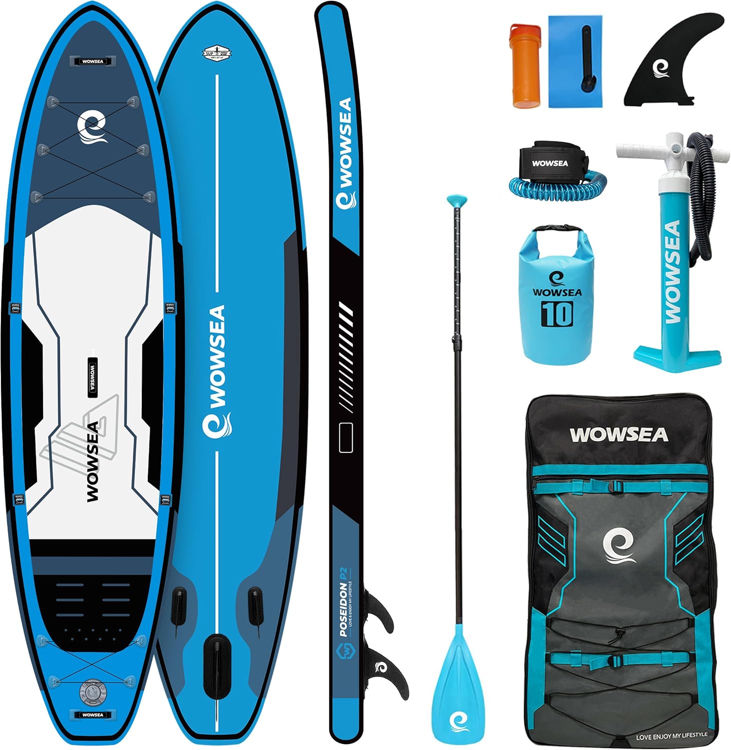 WOWSEA Tavola da paddle gonfiabile, durevole e stabile, per viaggi e tempo libero, con pompa doppia o tripla azione, pagaia in fibra di vetro, corda alla caviglia e accessori multiuso
