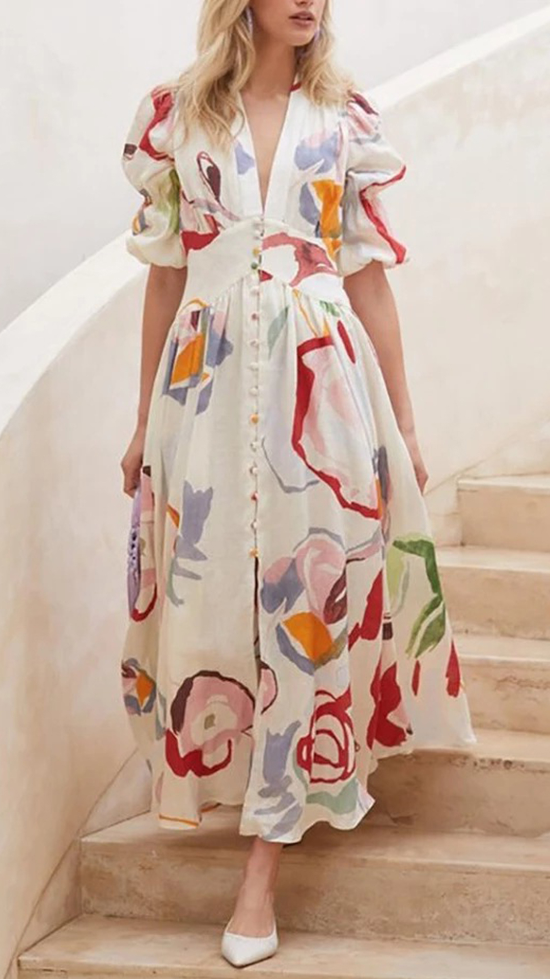 Women's Cotton-Blend Off-White Art Print V-Neck Puff Sleeve Dress - Nordfashionstorm - Women's Clothing, Fashion for You - Nordfashionstorm.com