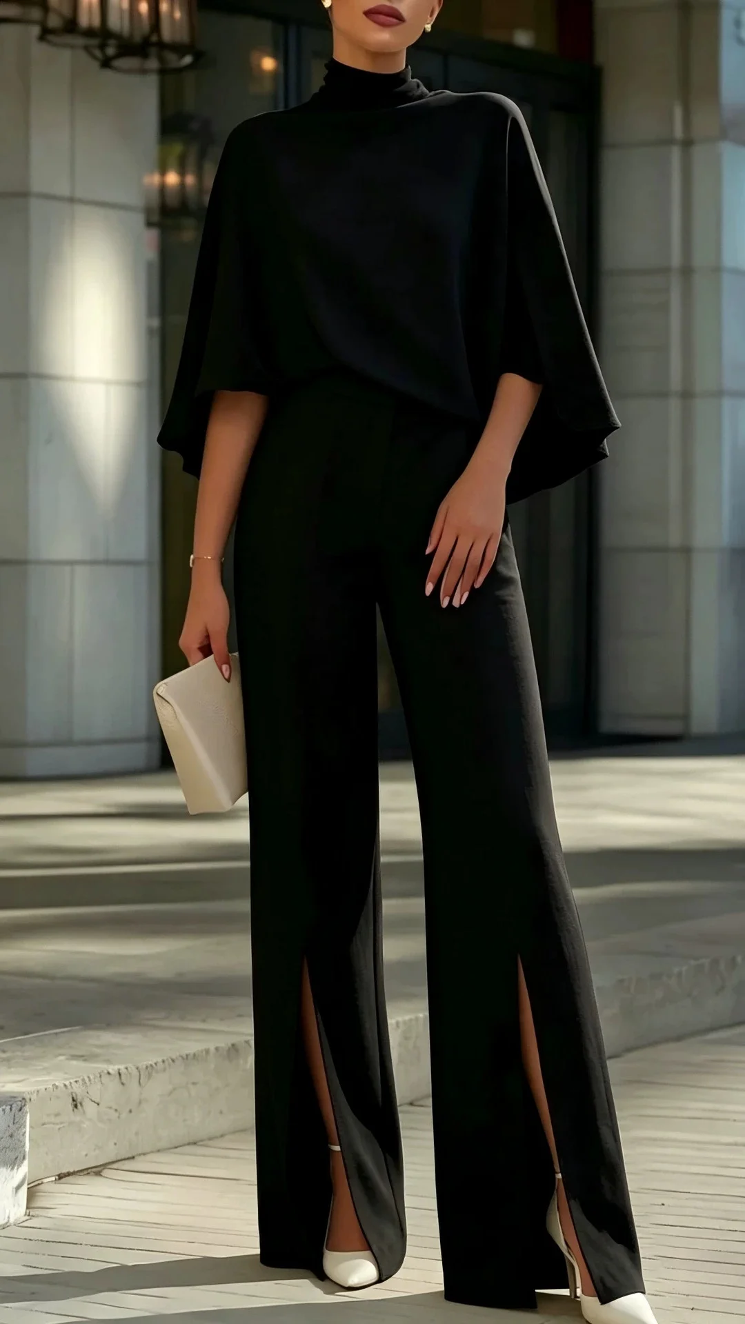 Women's Elegant Mock Neck Shawl Collar Cardigan Top with Slit Wide-Leg Trousers Two-Piece Suit - Nordfashionstorm - Women's Clothing, Fashion for You - Nordfashionstorm.com