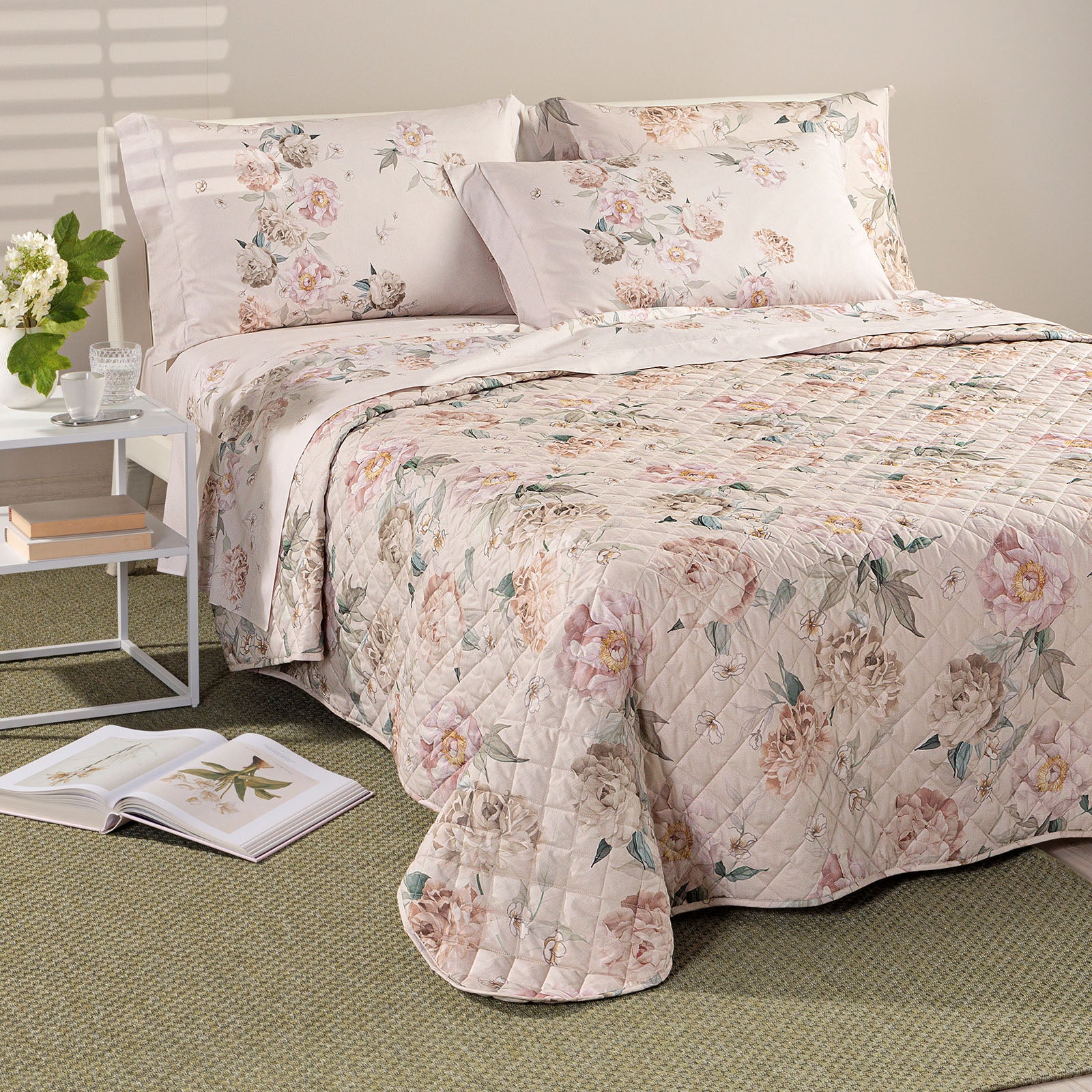 Copriletto Trapuntato In Cotone Peonia Queen Matrimoniale Unica Caleffi