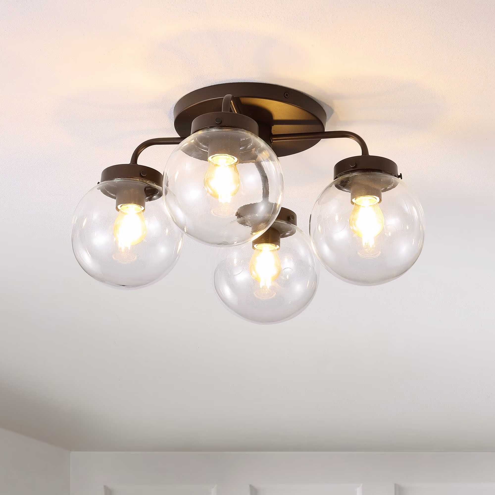 JONATHAN Y Piper 18" 4-Light Farmhouse Rustic Iron/Glass LED Semi Flush Mount, Oil Rubbed Bronze/Clear