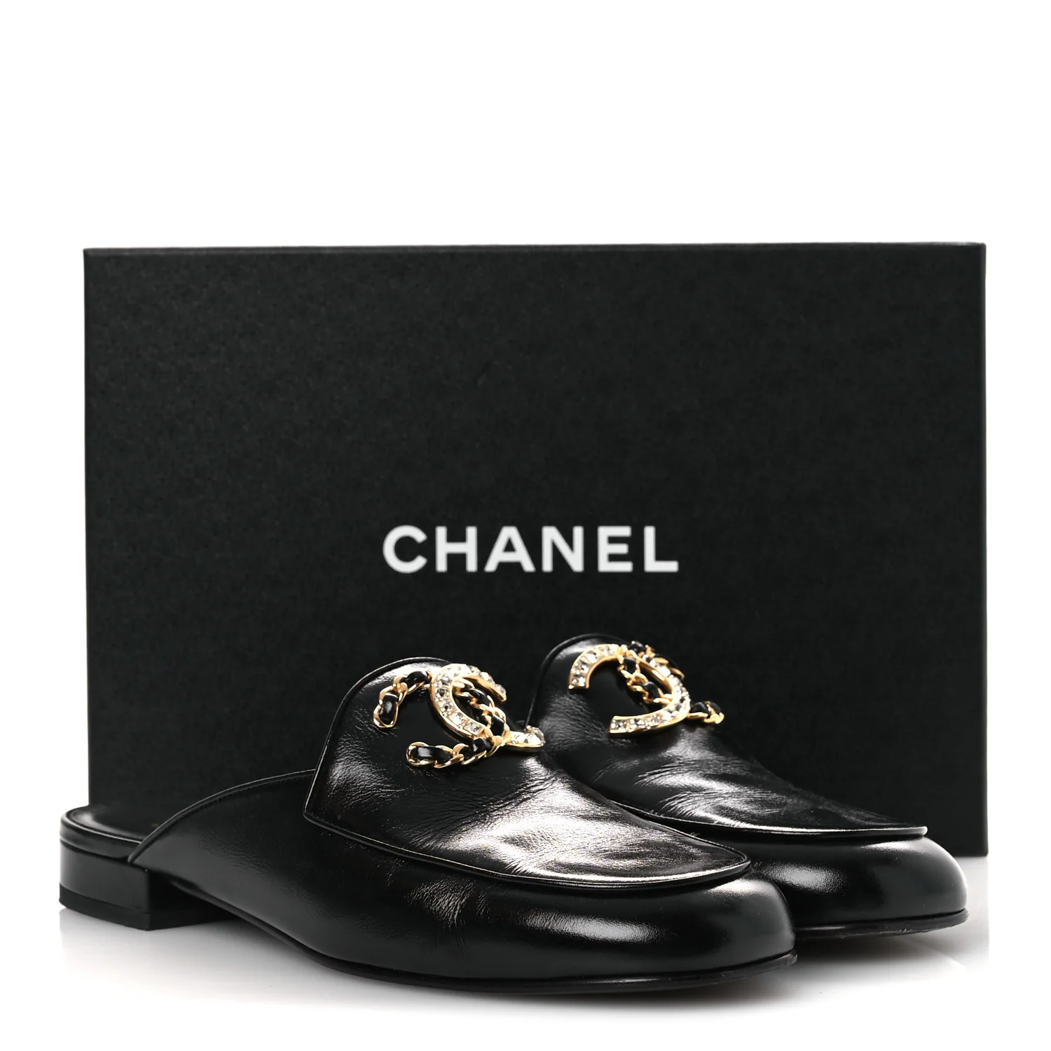 Shiny Calfskin Crystal CC Mules 41 Black - Top Club