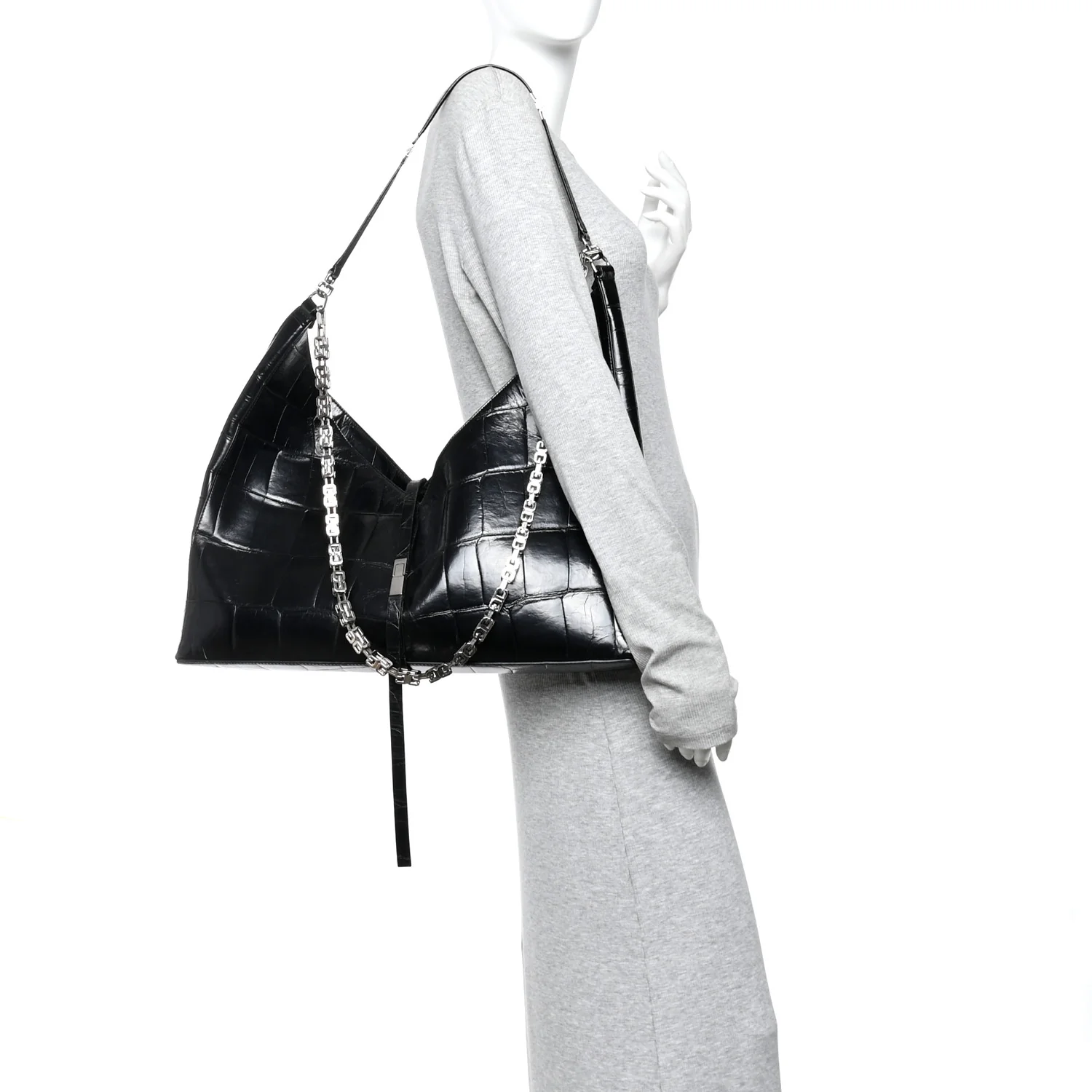 Calfskin Crocodile Embossed Large Cut Out Shoulder Bag Black