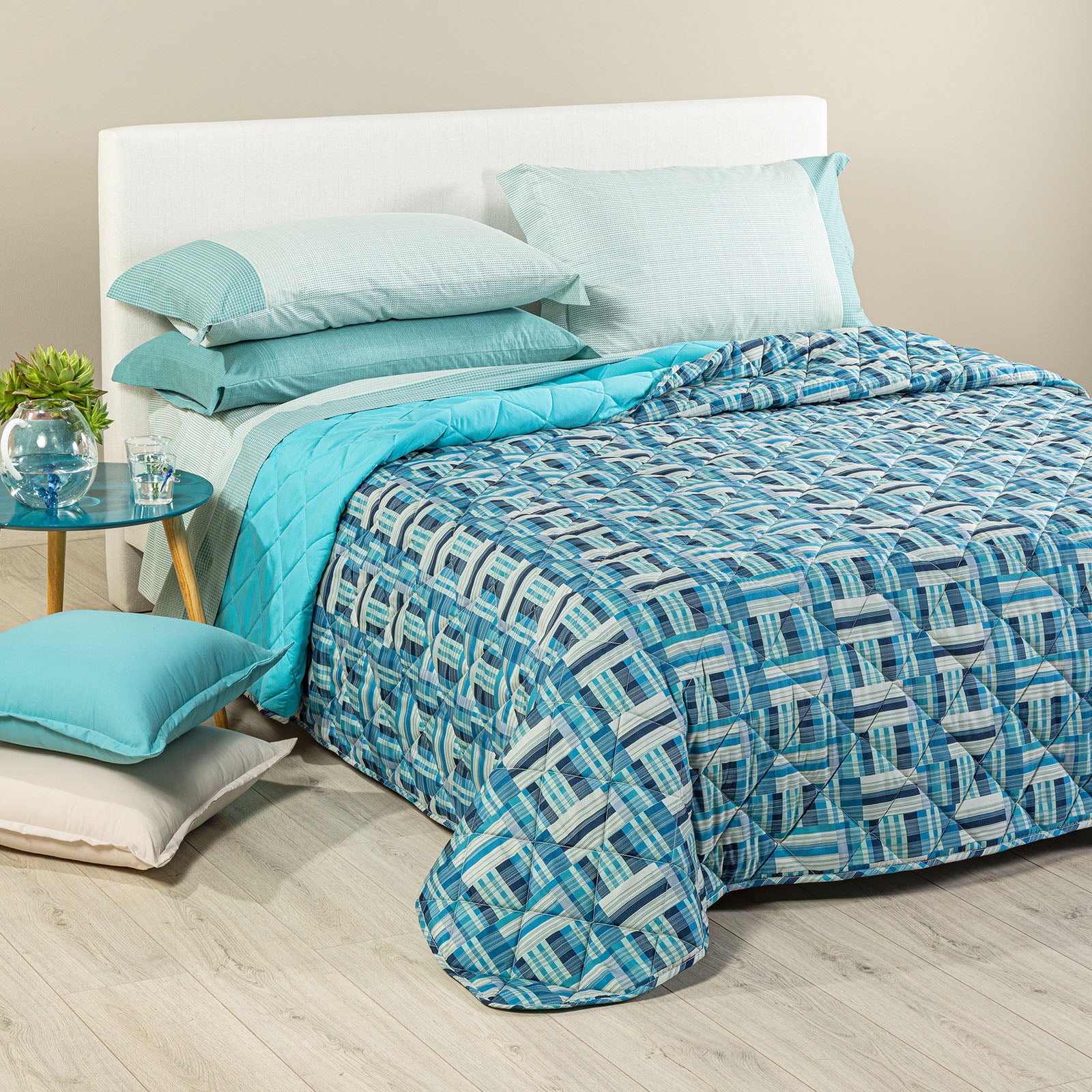 Copriletto Trapuntato In Microfibra Otis Matrimoniale Blu Modern