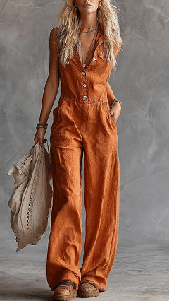Women's Solid Color Shirt Collar Sleeveless Casual Loose Cotton And Linen Wide-leg Jumpsuit - Nordfashionstorm - Women's Clothing, Fashion for You - Nordfashionstorm.com