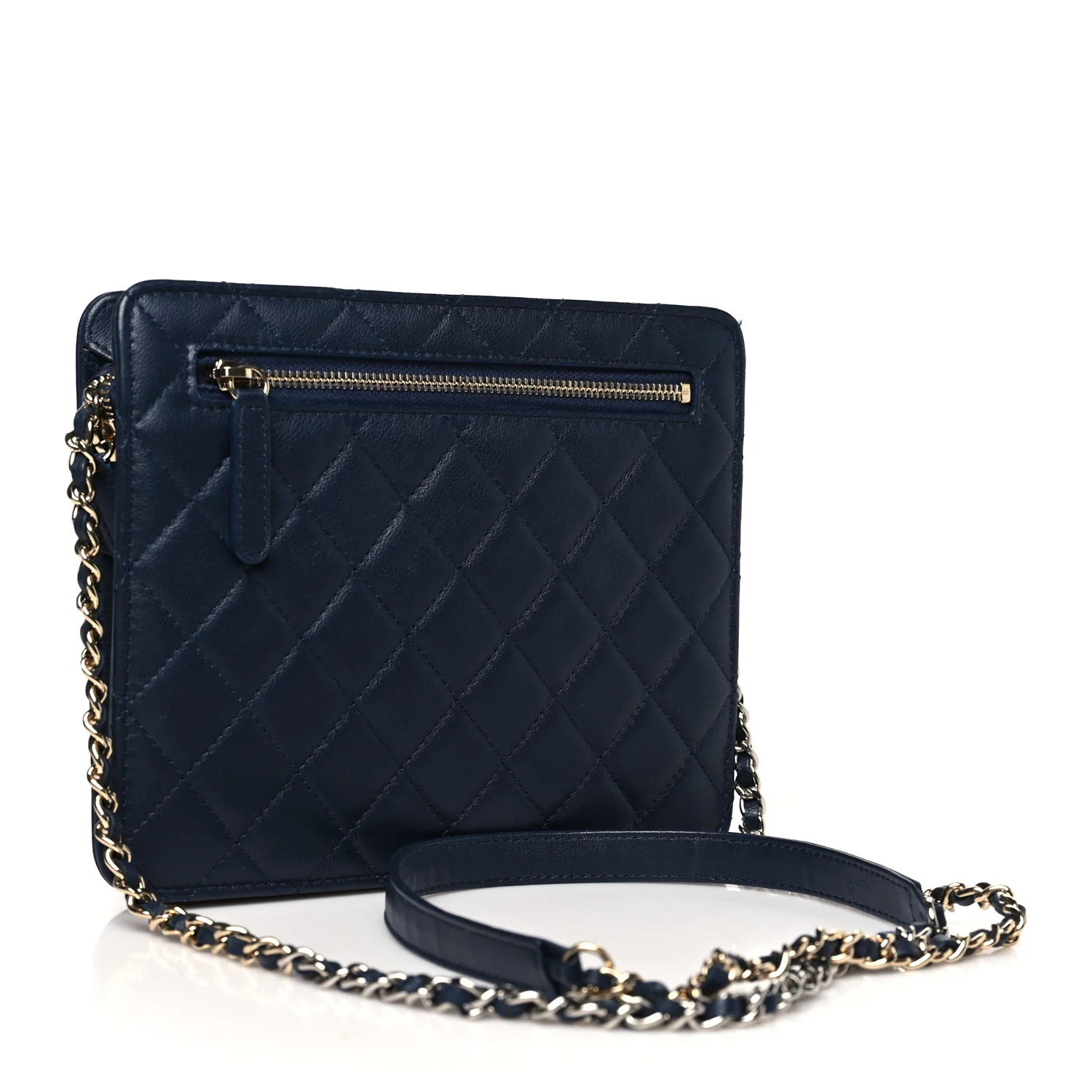 Lambskin Quilted Square Front Pocket Clutch With Chain Navy Blue - Top Club