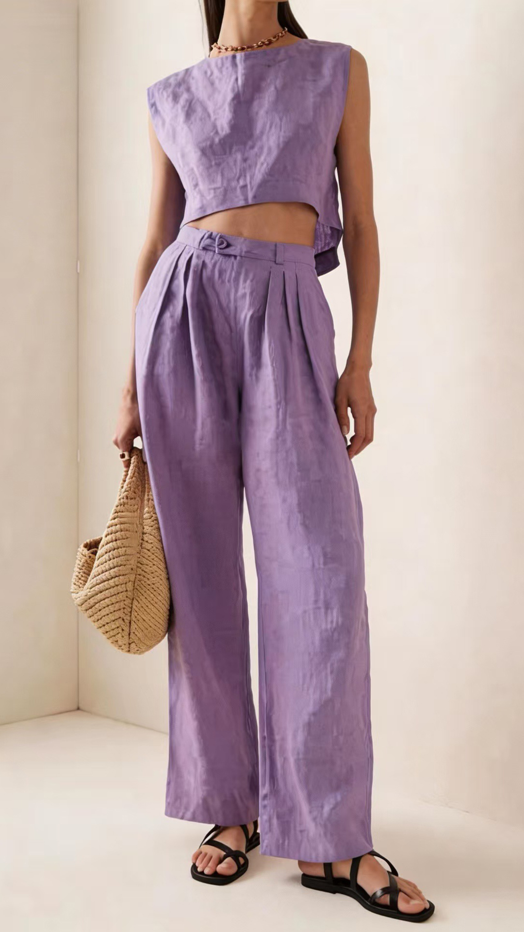 Women's Cotton-Blend Lavender Cropped Sleeveless Loose Set - Nordfashionstorm - Women's Clothing, Fashion for You - Nordfashionstorm.com