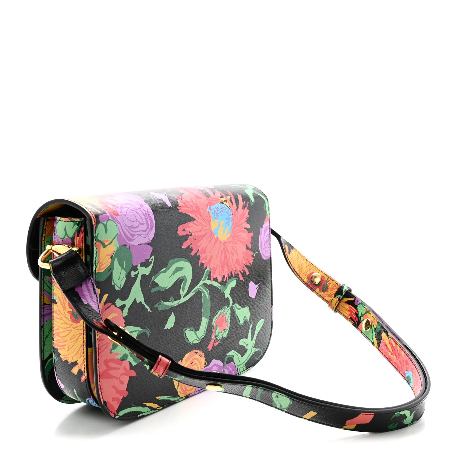 X KEN SCOTT New Shangai Calfskin Jenny Floral Print Horsebit 1955 Shoulder Bag Black Pink - Top Club