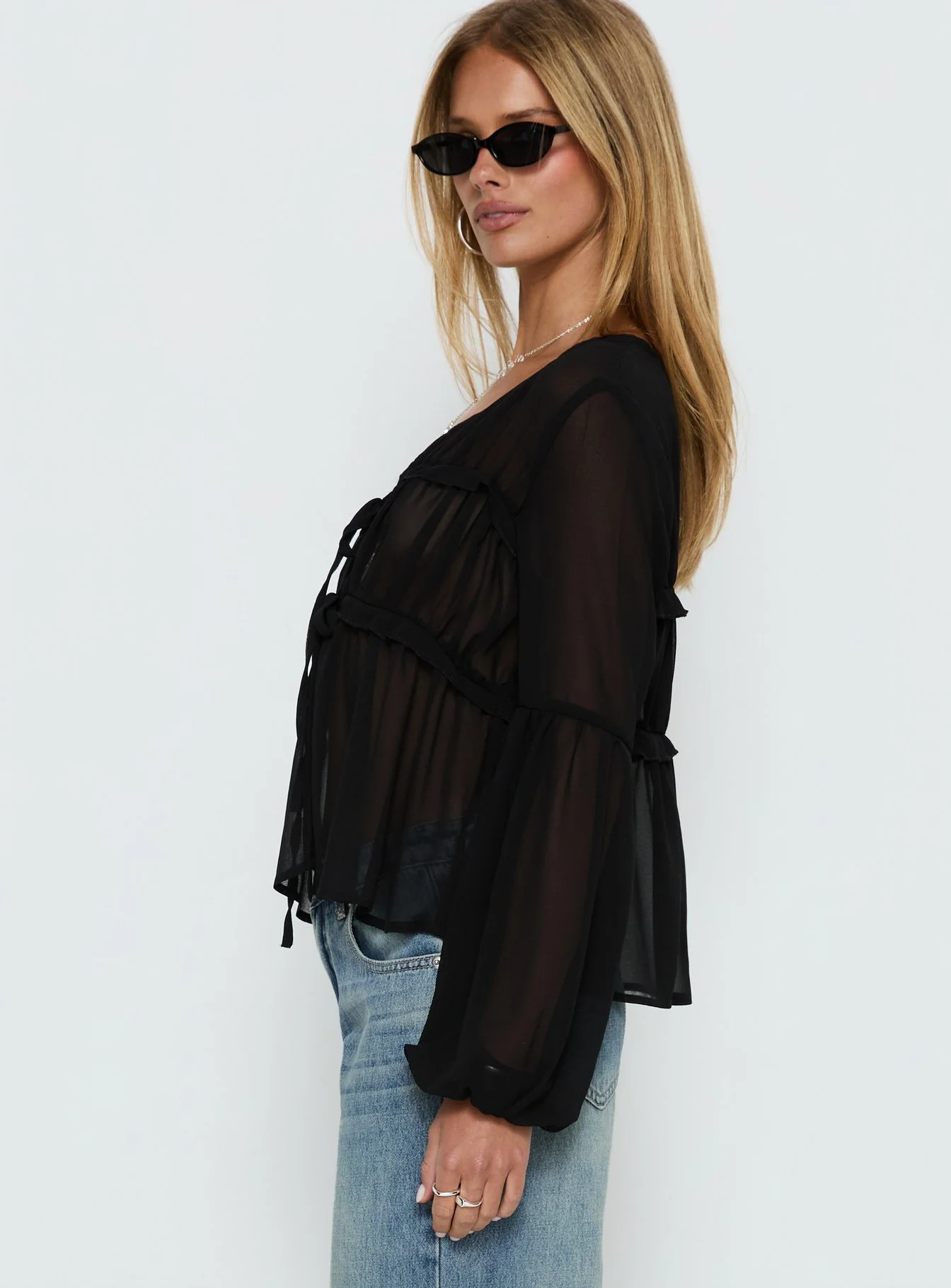 Palapa Tie Detail Sheer Long Sleeve Top Black