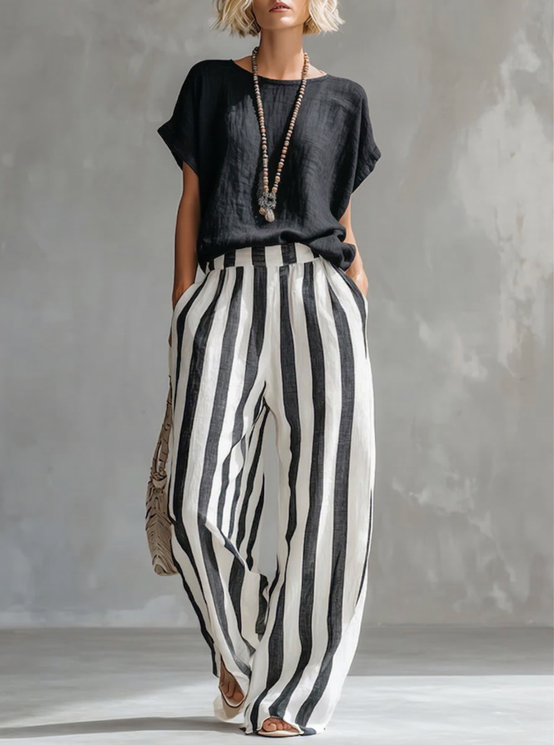 Cozy Loose-fit Striped Cotton-linen Two-piece Set - Nordfashionstorm - Women's Clothing, Fashion for You - Nordfashionstorm.com
