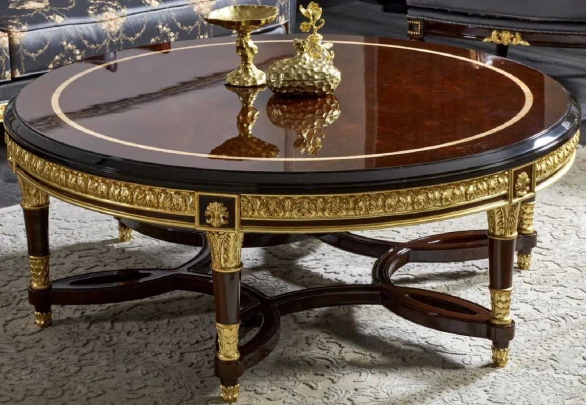 Luxury Baroque Coffee Table Dark Brown / Gold - Round Solid Wood Living Room Table in Baroque Style - Luxury Living Room Furniture in Baroque Style - Baroque Furniture - Noble & Magnificent