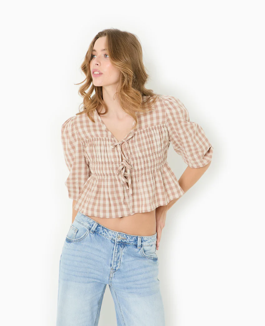 Pimkie Blouse avec smocks et nouettes motif vichy