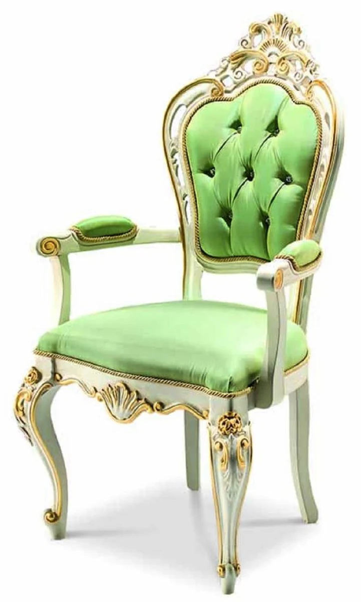 Luxury Baroque Dining Room Chair with Armrests Green / White / Gold - Made in Italy