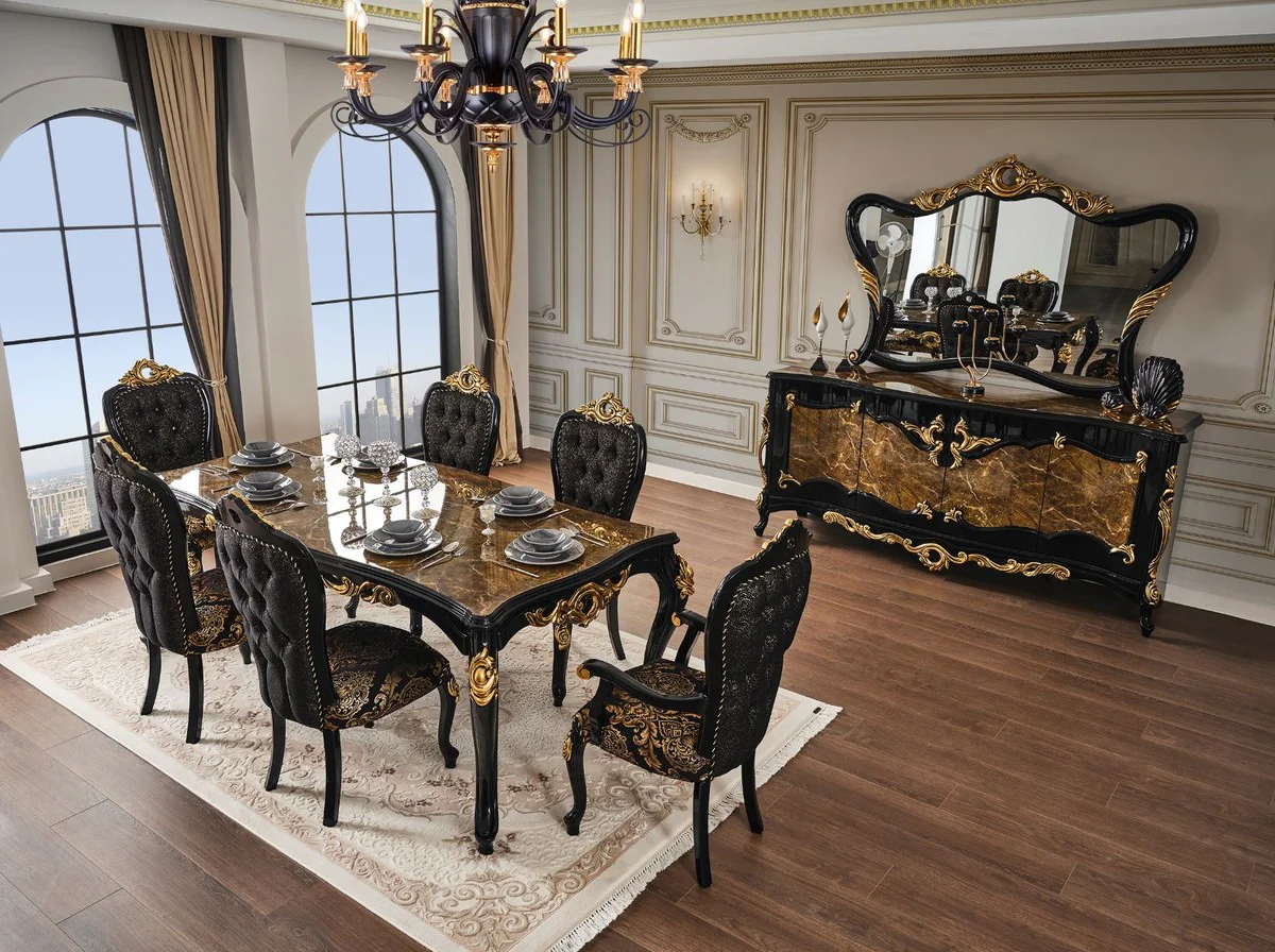 Luxury Baroque Dining Room Chair Set Black / Gold - Kitchen Chairs Set of 6 - Baroque Dining Room Furniture - Noble & Magnificent