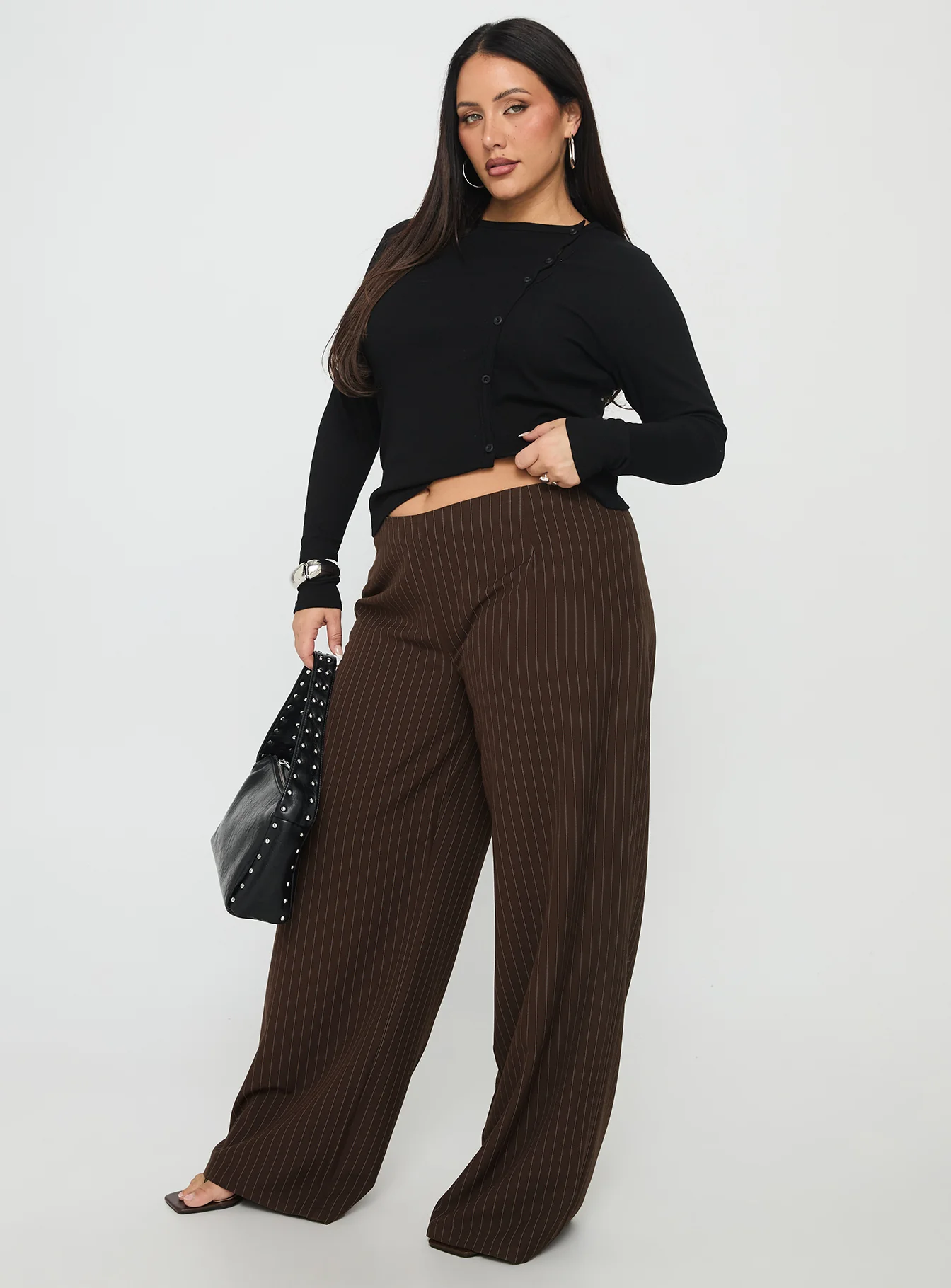 Khane Low Rise Wide Leg Pant Brown Pinstripe Curve