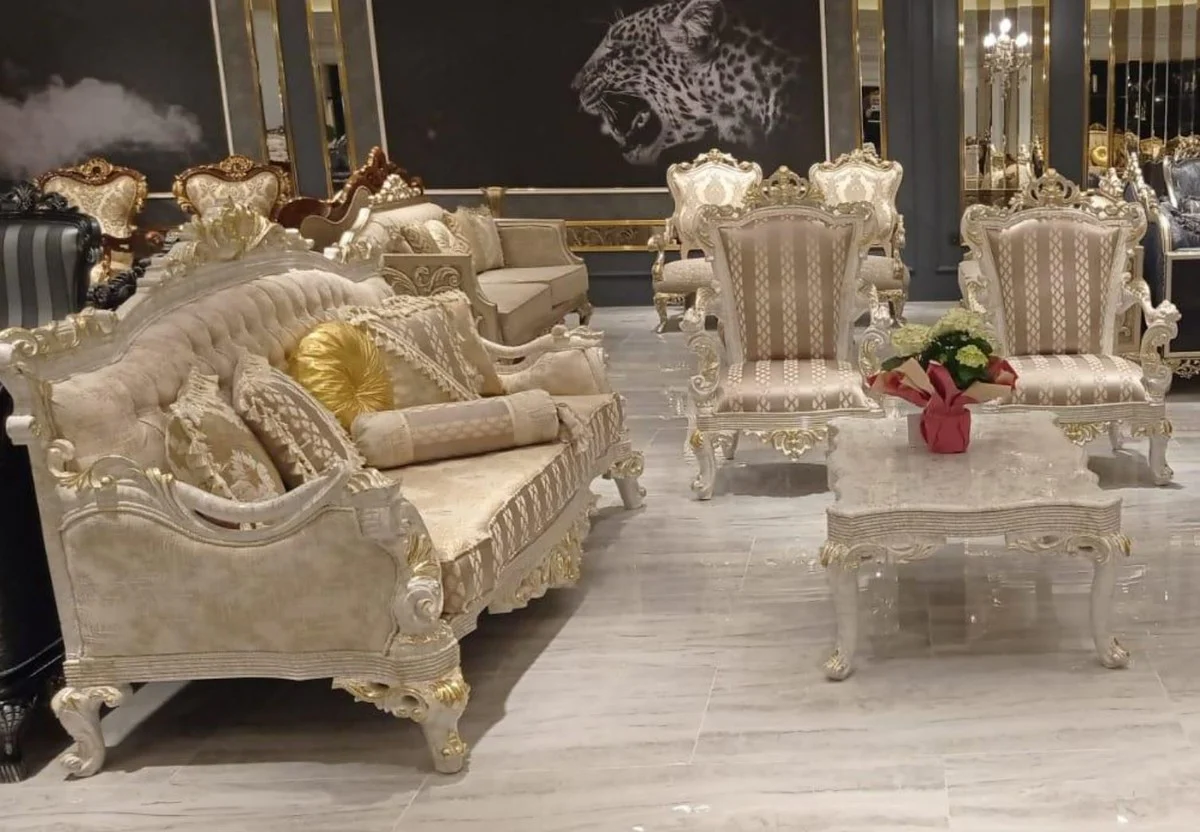 Luxury Baroque Living Room Set Gray / Gold - 2 Baroque Sofas with Pattern & 2 Baroque Armchairs with Pattern & 1 Baroque Coffee Table - Baroque Living Room Furniture