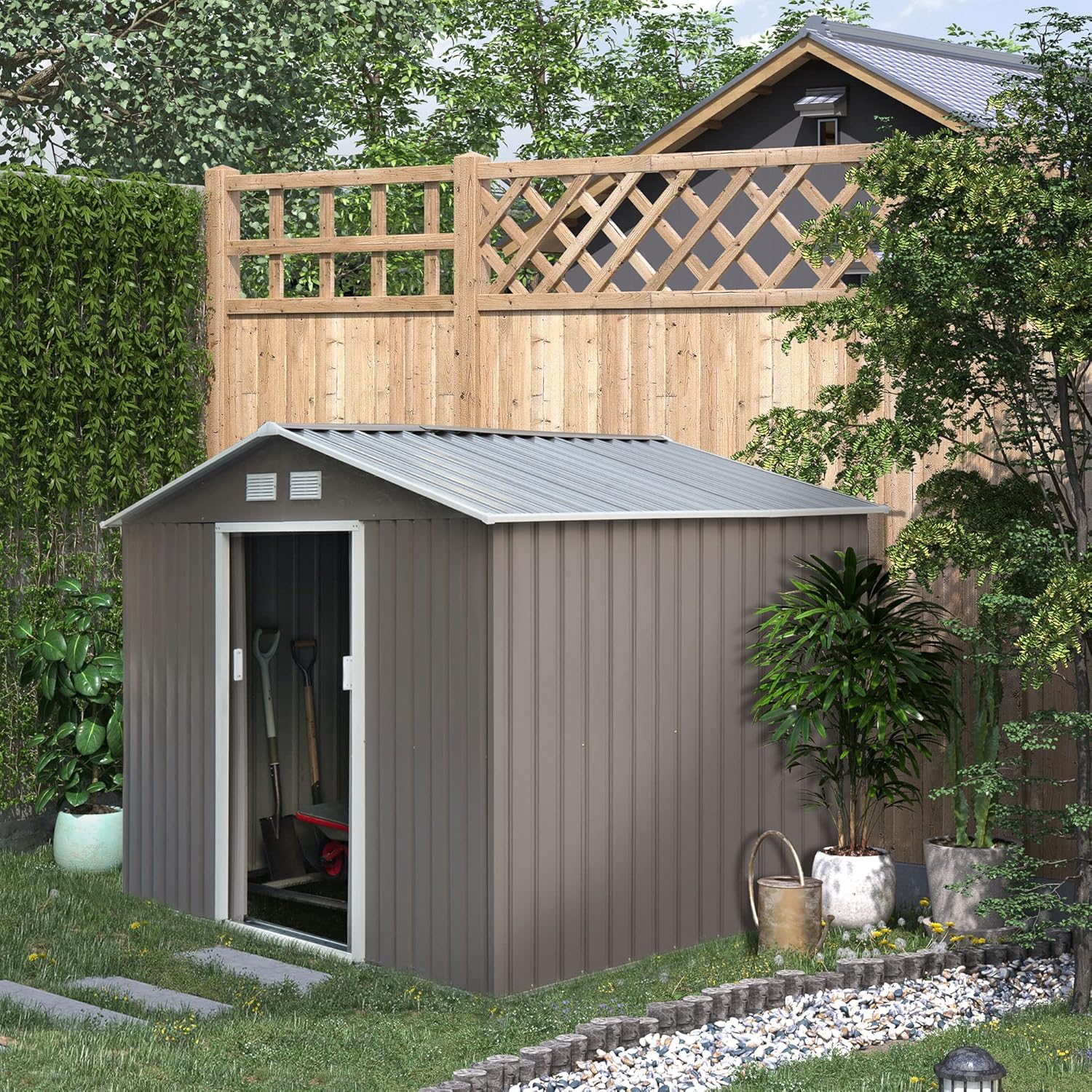Outsunny Casetta da Giardino con Base e Doppie Porte Scorrevoli in Lamiera di Acciaio, Capanno da Giardino in Acciaio, 277x195x192cm, Grigia