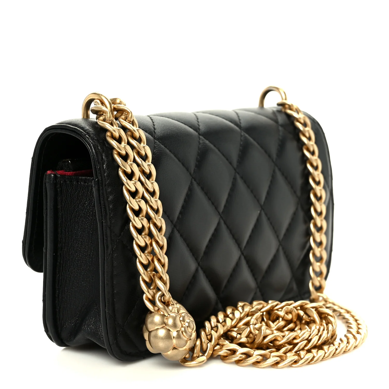Lambskin Quilted Sweet Camellia Flap Phone Holder With Chain Black - Top Club