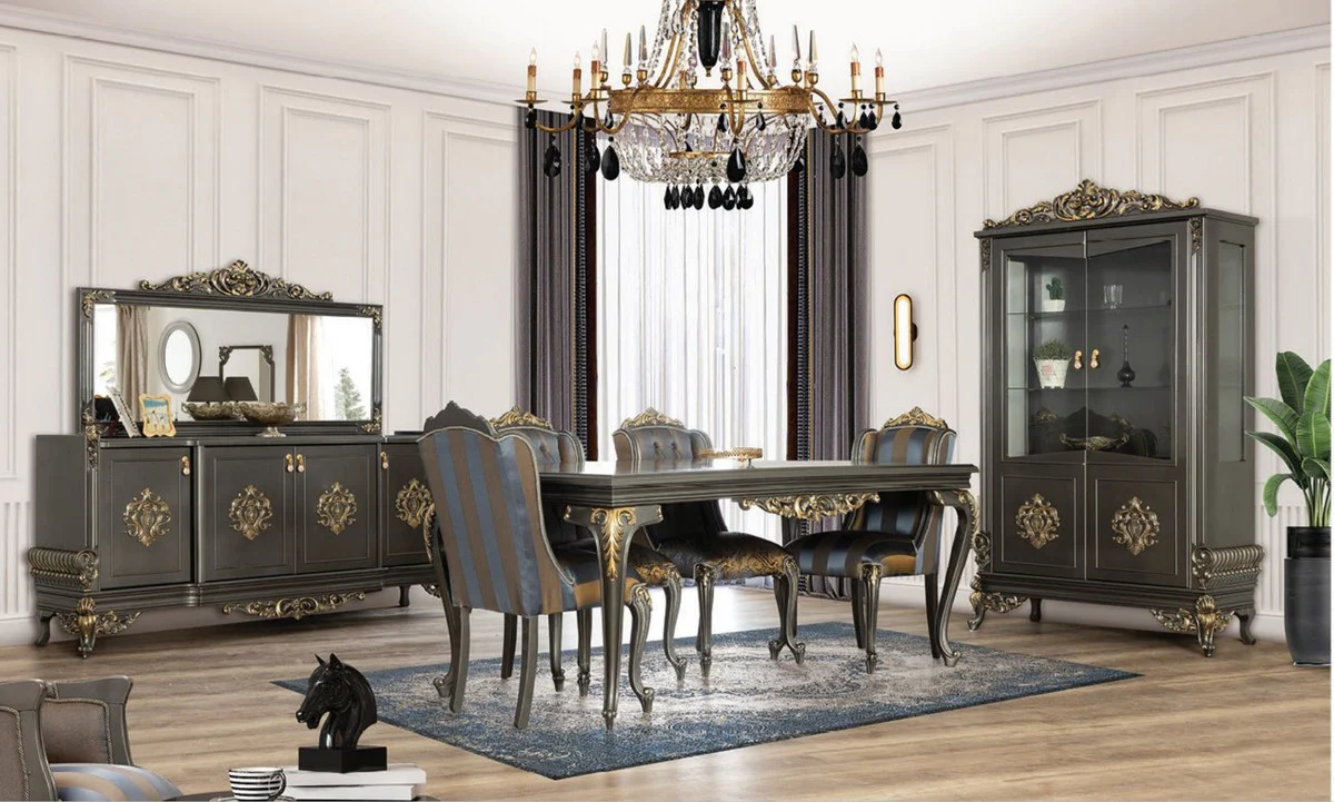Luxury Baroque Dining Table Gray / Gold - Elegant Solid Wood Dining Room Table - Baroque Dining Room Furniture - Noble & Magnificent