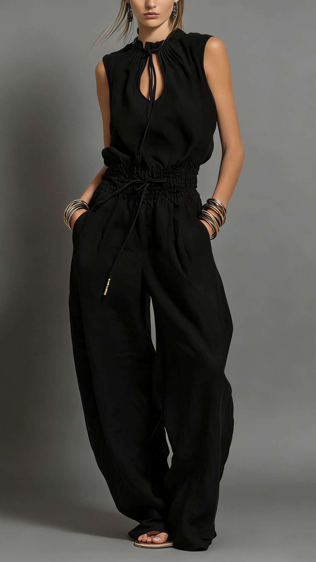 Women's Cotton-Blend Light Beige Waisted Sleeveless Jumpsuit - Nordfashionstorm - Women's Clothing, Fashion for You - Nordfashionstorm.com