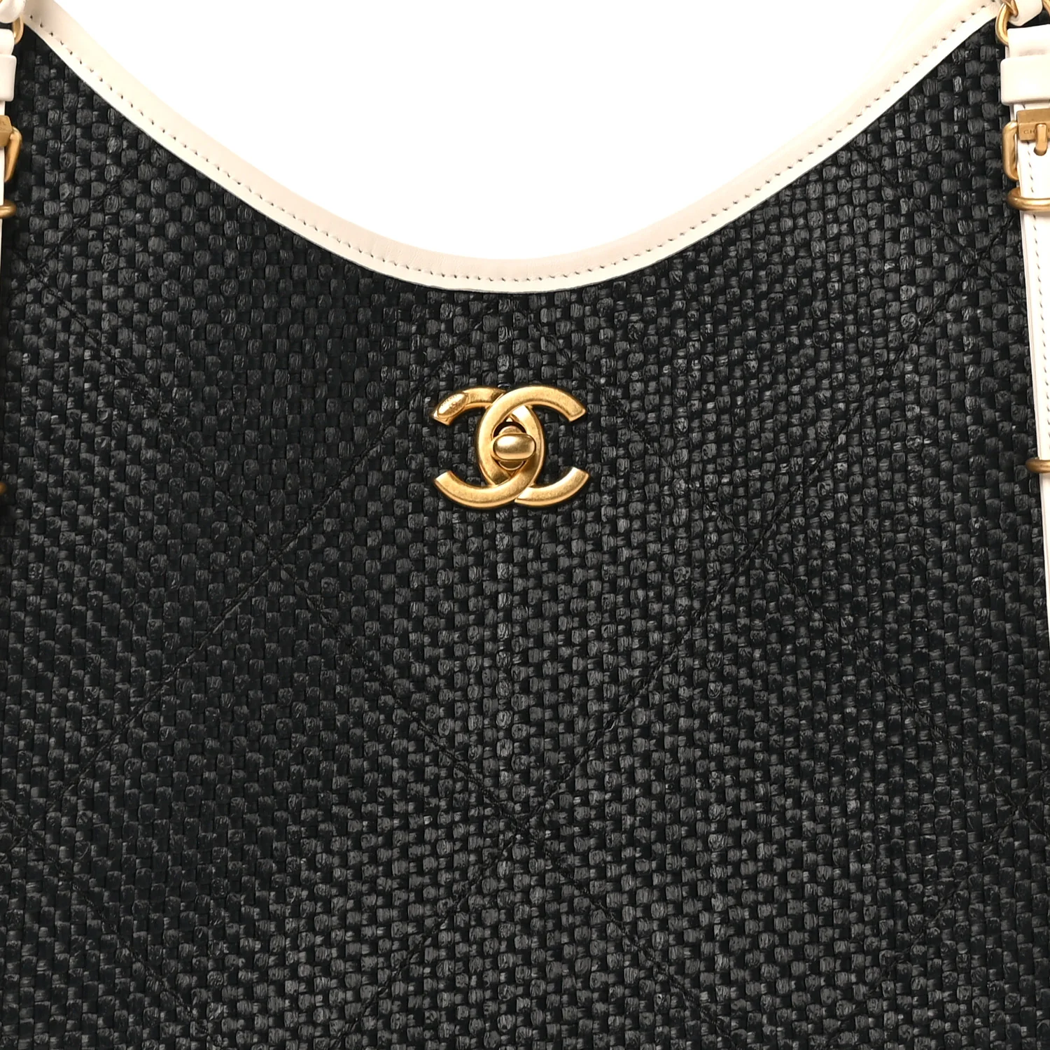 Calfskin Raffia Braided Small Shopping Tote Black White - Top Club