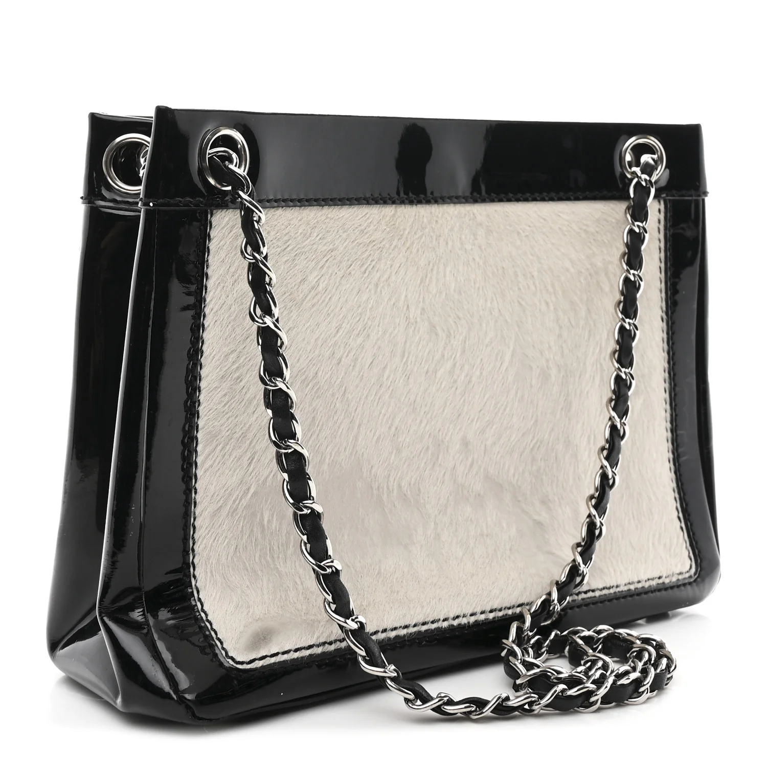 Patent Pony Hair Small Pocket Tote Black White - Top Club