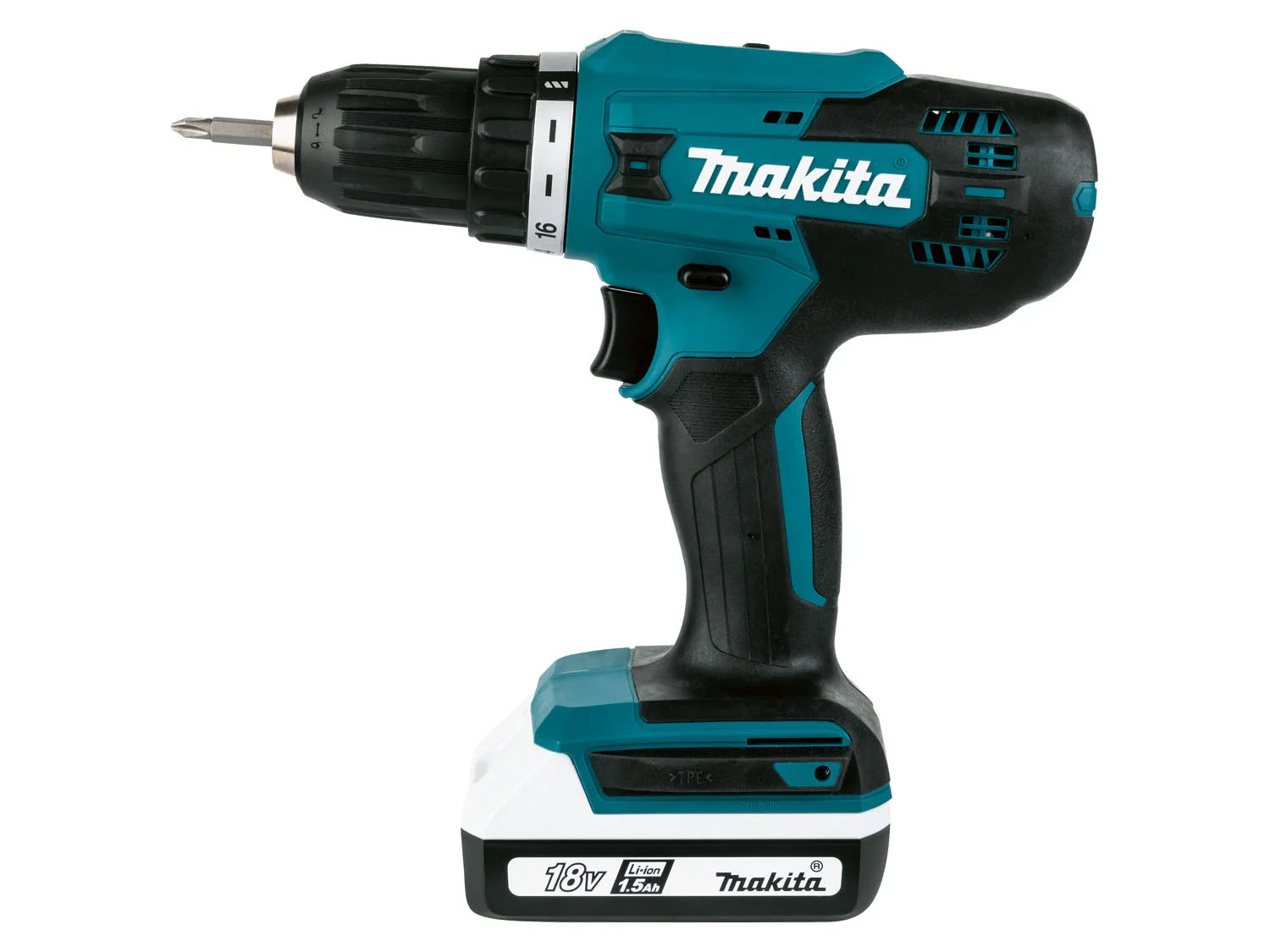 Makita 18V cordless drill/driver set DF488D, with 2 batteries and charger