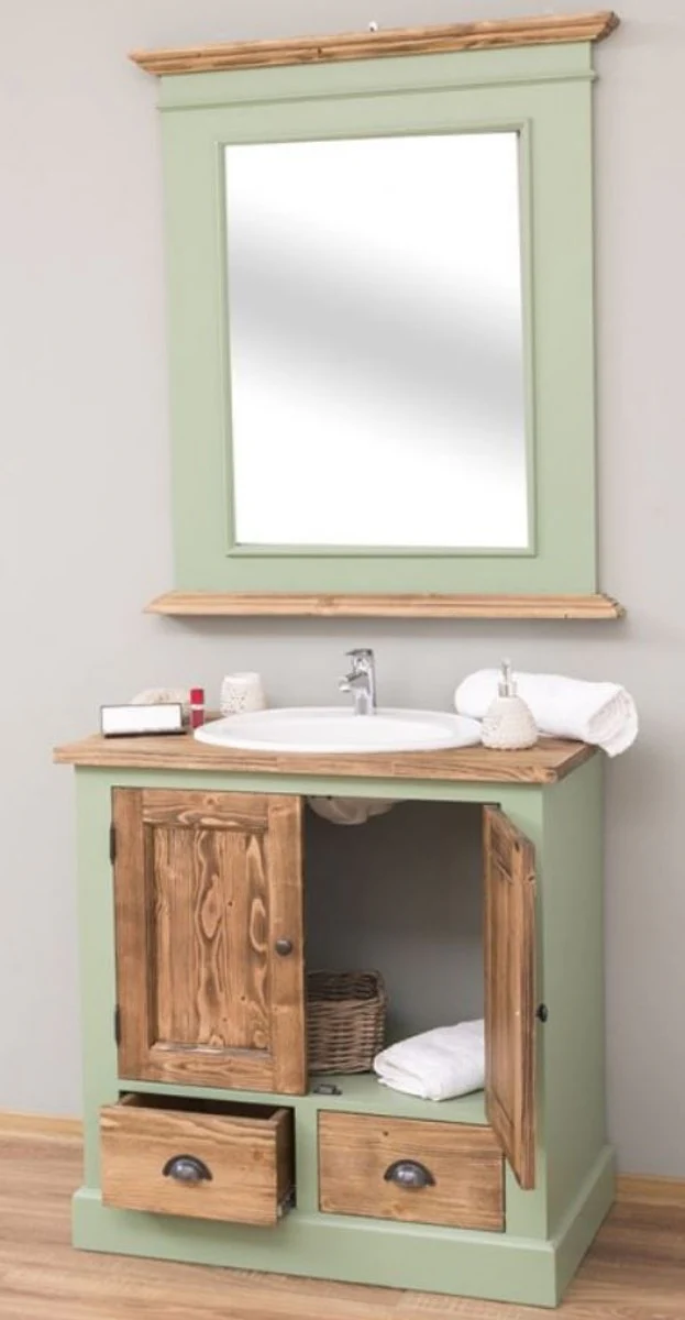 Country house style bathroom set light green / brown - 1 washbasin & 1 wall mirror - solid wood bathroom furniture in country house style