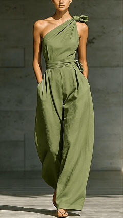 Women's Cotton‑blend  One‑shoulder Bow‑decorated Tie‑waist Wide‑leg Jumpsuit - Nordfashionstorm - Women's Clothing, Fashion for You - Nordfashionstorm.com