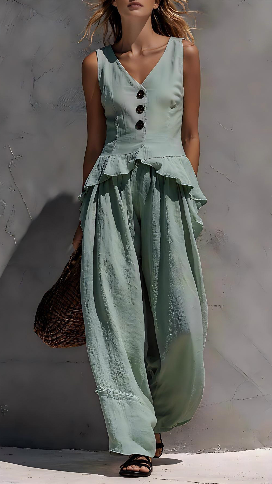 Women's Cotton-Blend White Ruffled Sleeveless Loose Set - Nordfashionstorm - Women's Clothing, Fashion for You - Nordfashionstorm.com