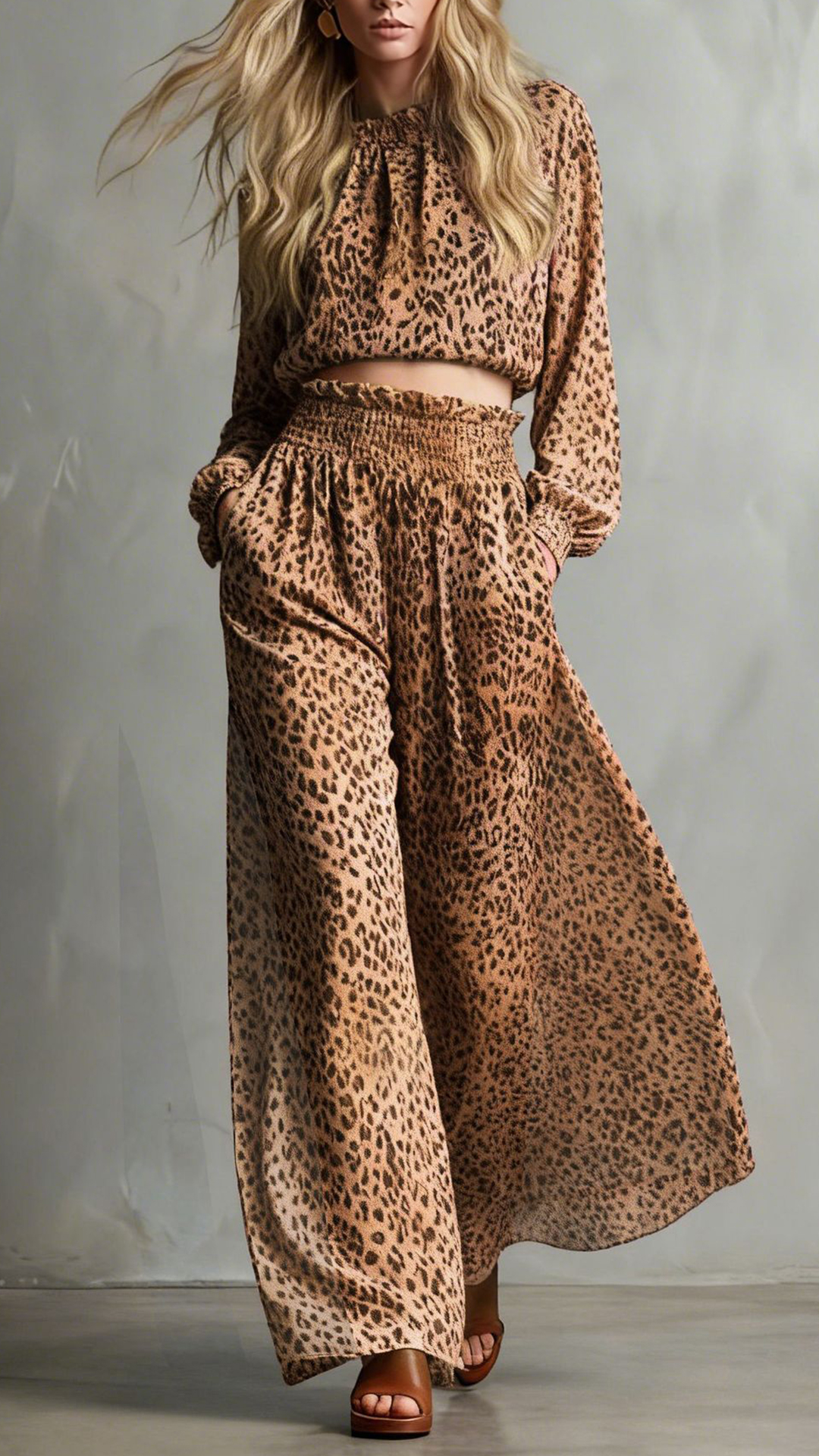 Women's Cotton-Blend Leopard Print Cropped Top & Wide-Leg Pants Set - Nordfashionstorm - Women's Clothing, Fashion for You - Nordfashionstorm.com