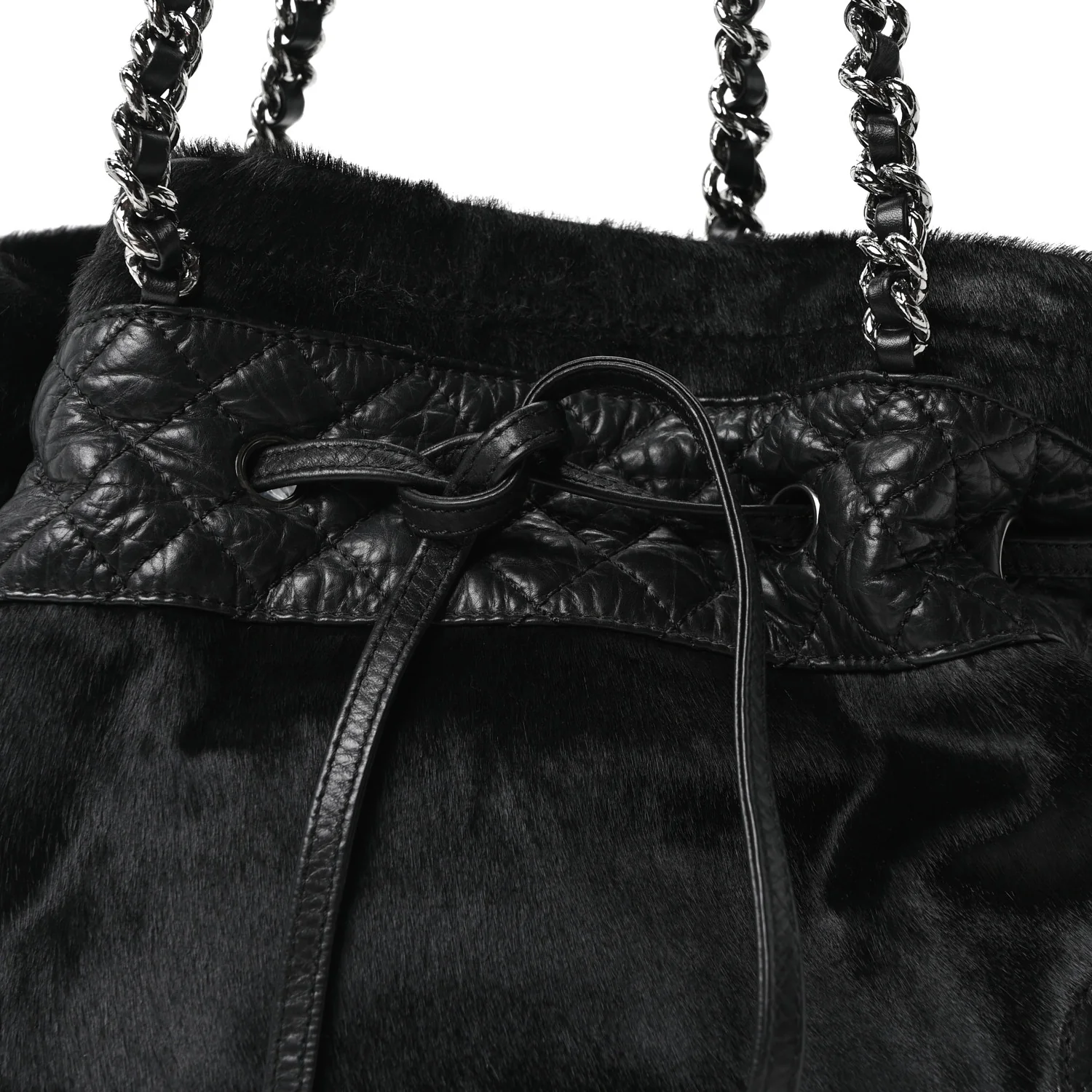 Aged Calfskin Pony Hair Quilted Small Miss Pony Drawstring Tote Black - Top Club