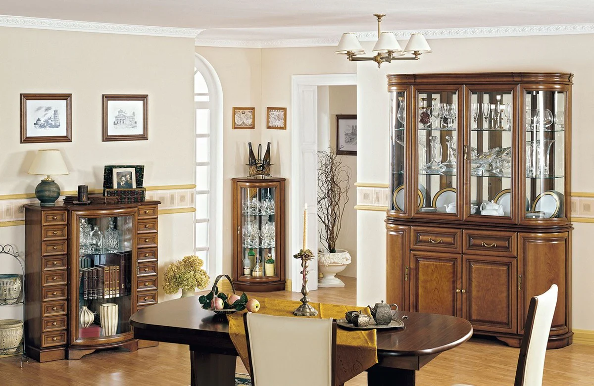 Luxury dining room cabinet brown 159.5 x 42 x H. 212.5 cm - solid wood kitchen cabinet - 2-part display cabinet - luxury solid wood dining room furniture