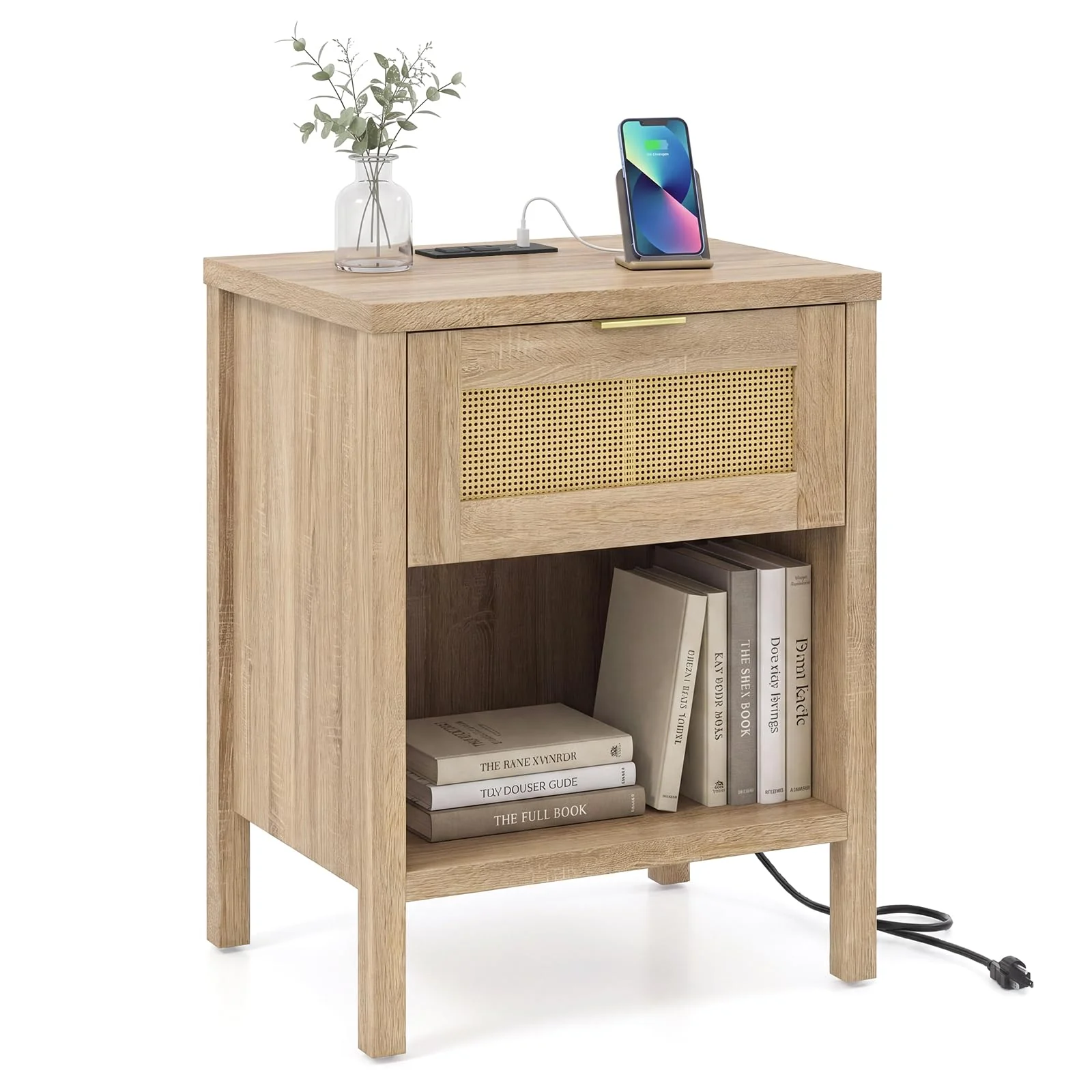BEFOUNDLOVELY Rattan Nightstand with Charging Station