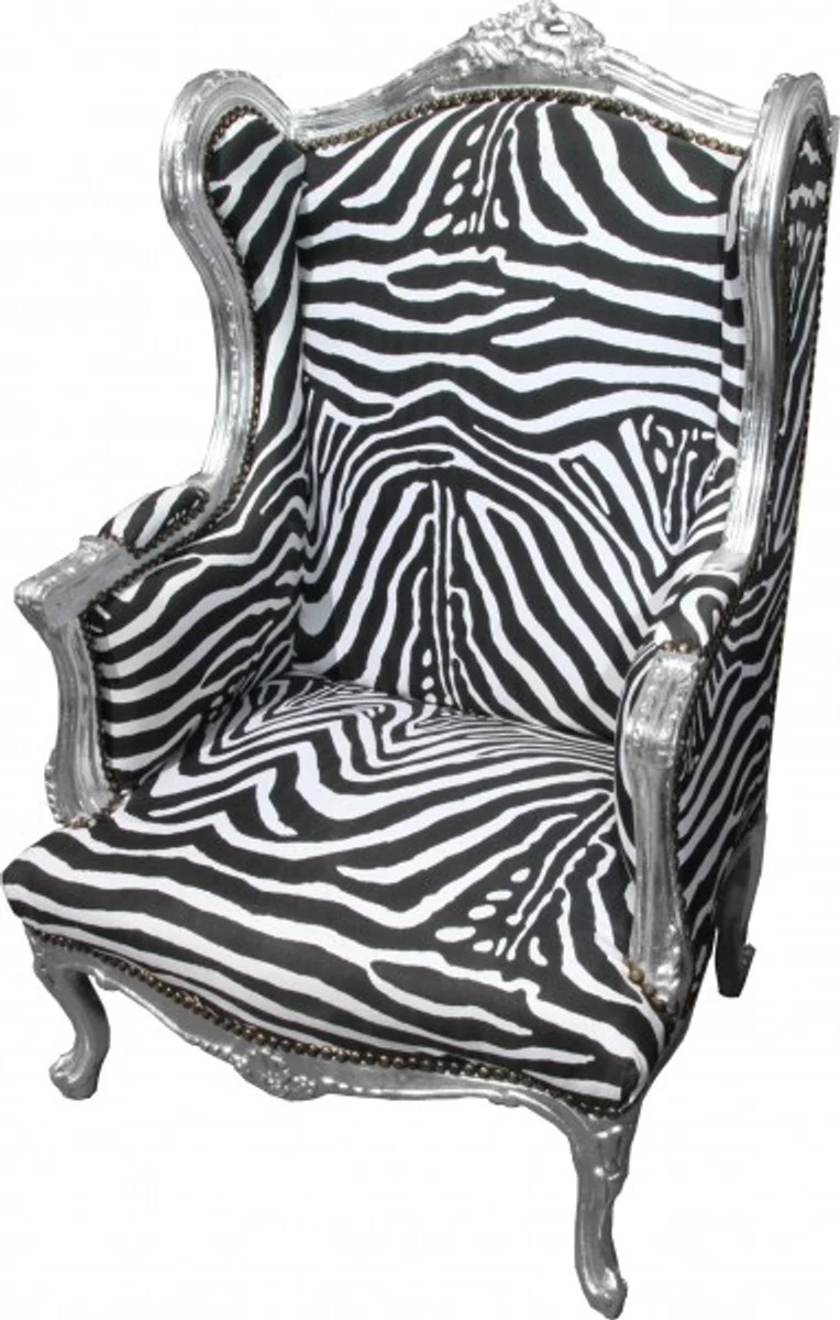 Baroque Lounge Throne Chair Zebra / Silver - Ear Armchair - Wing Chair Tron Chair