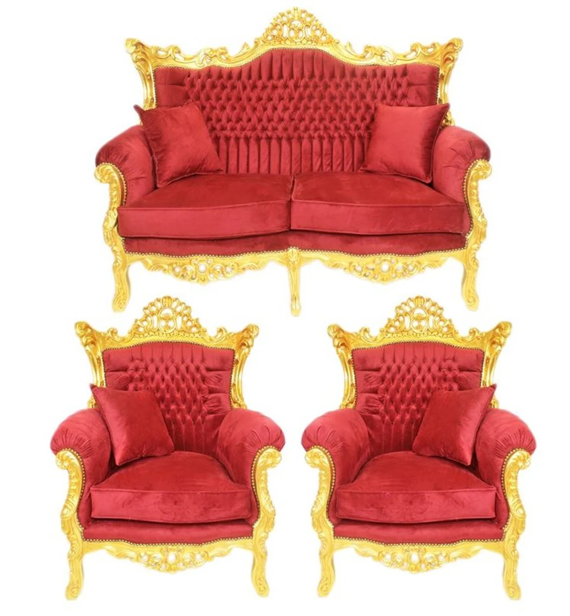 Baroque living room set Bordeaux velvet fabric / gold - 2 sofa + 2 armchairs