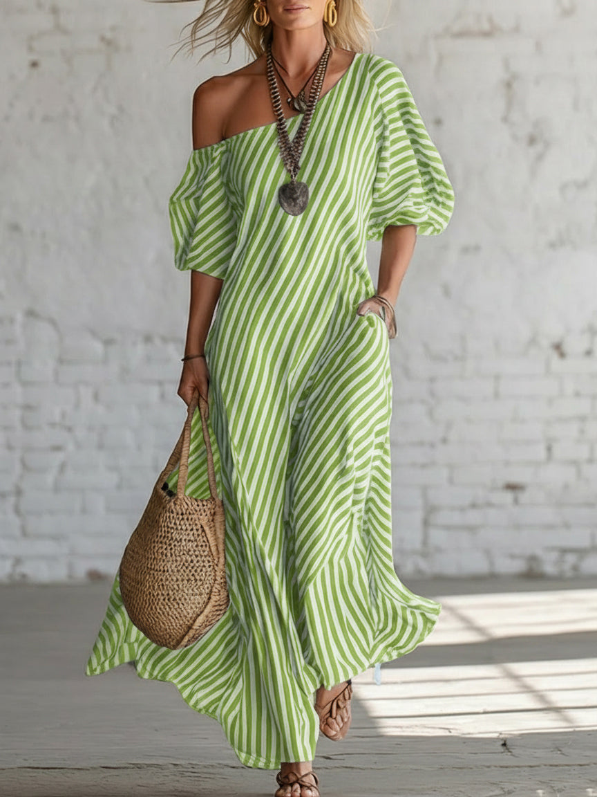 Elegant And Classic Striped Off-shoulder Maxi Dress - Nordfashionstorm - Women's Clothing, Fashion for You - Nordfashionstorm.com