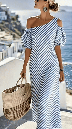 Elegant striped off-shoulder beach dress for women - Nordfashionstorm - Women's Clothing, Fashion for You - Nordfashionstorm.com