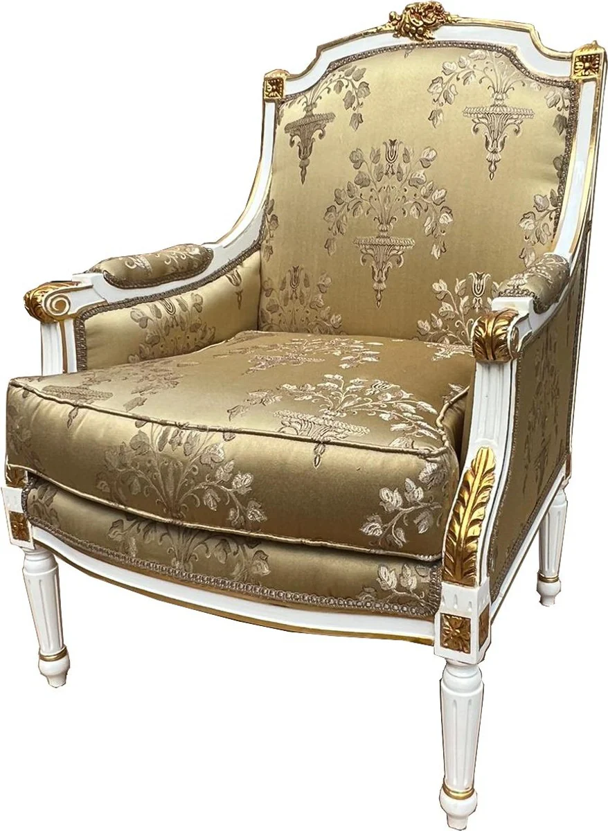 Baroque Lounge Throne Armchair Empire Gold Pattern / White / Gold - Interior Living Room Furniture