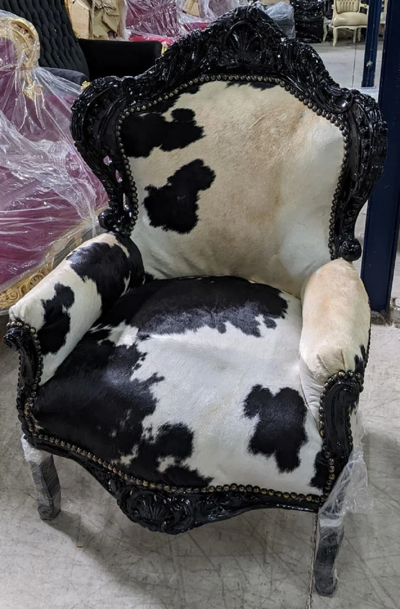 Baroque armchair cowhide / black - handmade solid wood living room armchair - antique style living room armchair - living room furniture in baroque style - baroque furniture