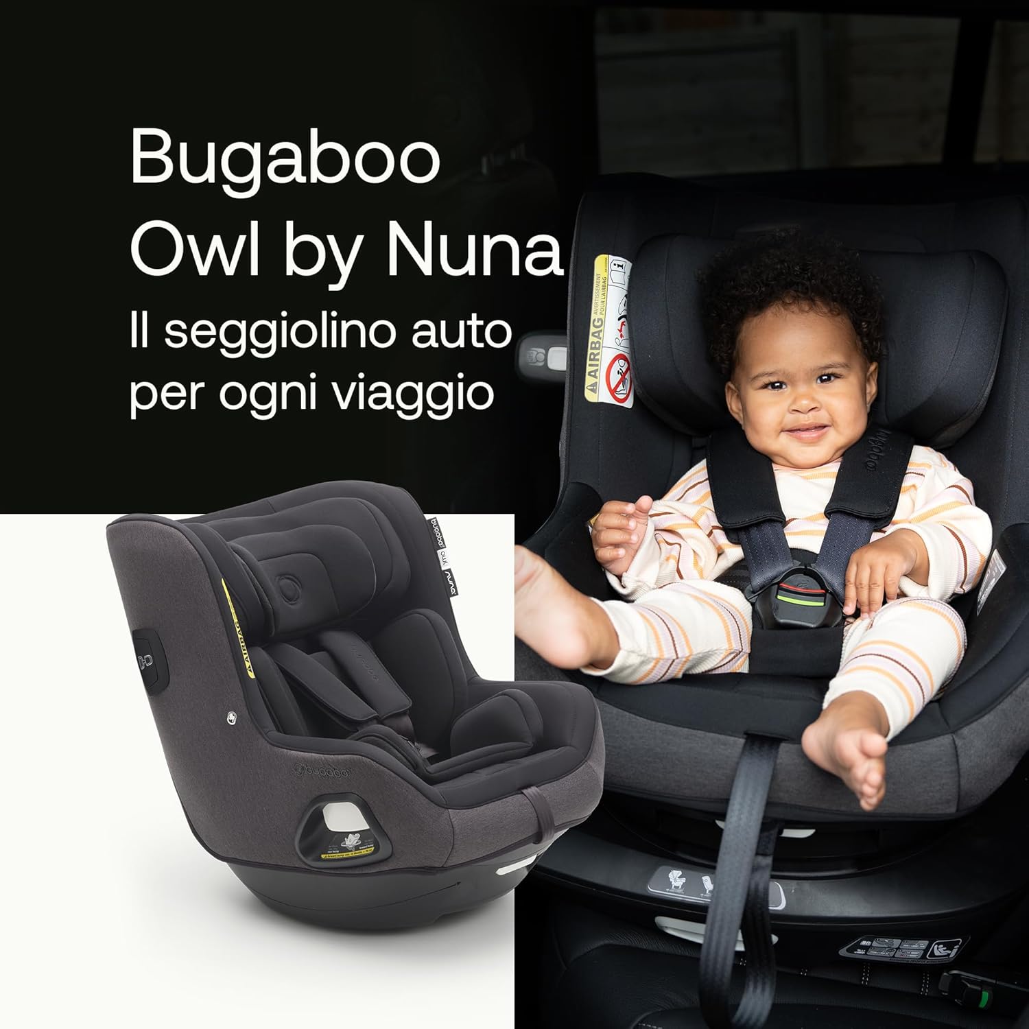 Bugaboo Owl by Nuna Seggiolino Auto da 0 a 4 Anni, 0-18 kg, Rotazione 360 Gradi, Orientamento Fronte Strada o in senso Contrario di marcia, Gruppo 0+/1, Top Comfort, Telaio Rinforzato, Black