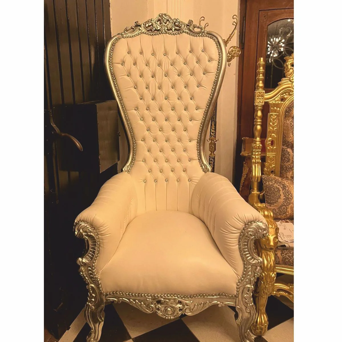 Baroque throne armchair with faux leather and rhinestones white / silver - Baroque furniture