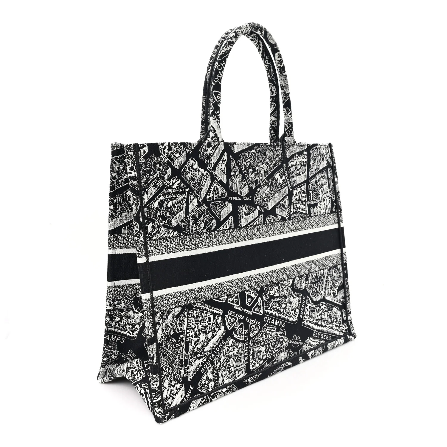 Canvas Embroidered Large Plan De Paris Book Tote Black White