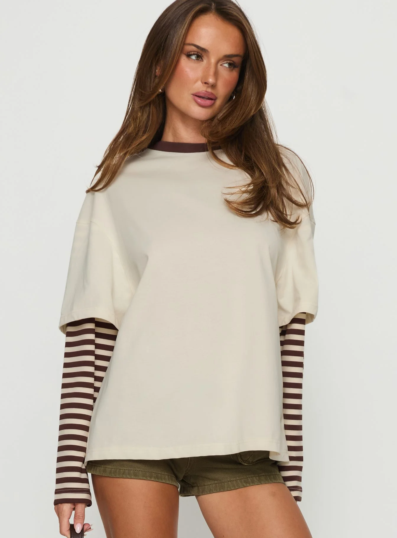 Ryann Long Sleeve Layered Top Cream / Brown Stripe