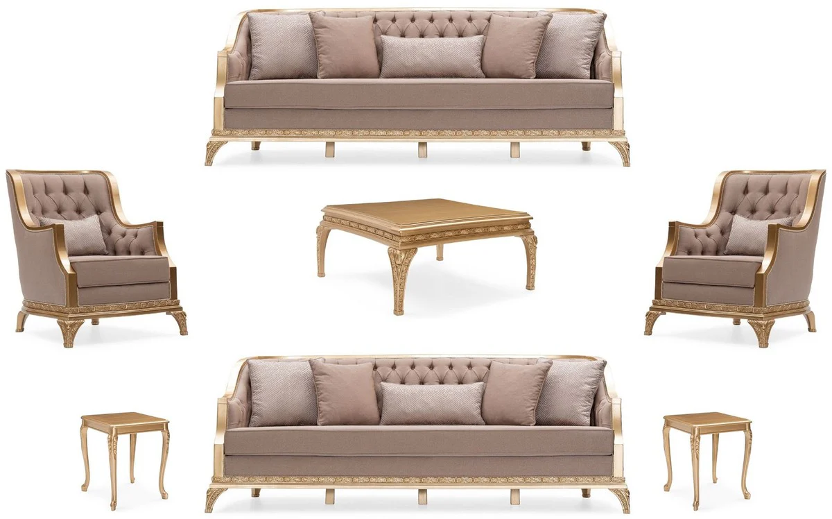 Luxury Baroque Living Room Set Brown / Gold - 2 Sofas & 2 Armchairs & 1 Coffee Table & 2 Side Tables - Handcrafted Luxury Living Room Furniture in Baroque Style - Noble & Magnificent