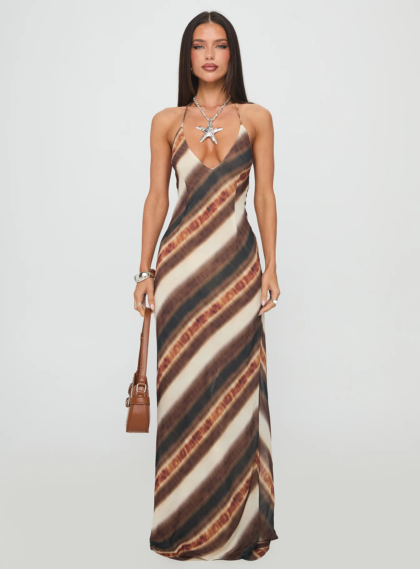Esmira Halter Maxi Dress Brown Stripe