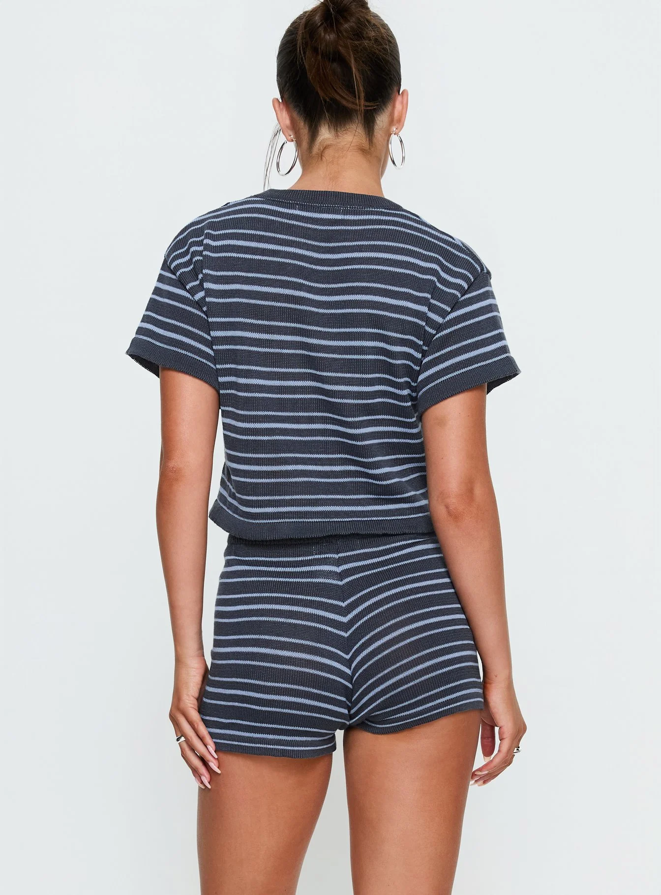 Arlynn Knit Cropped Crew Neck Top Blue Stripe