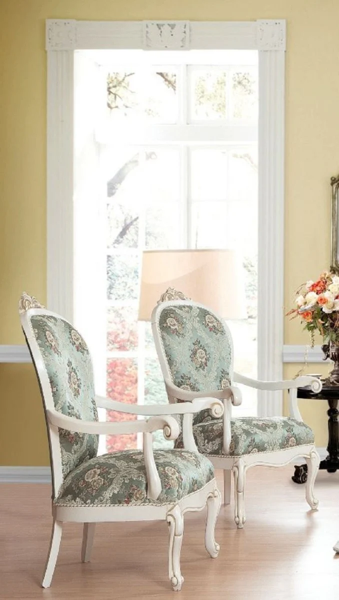 Luxury baroque living room set turquoise / green / white - 2 sofas & 2 armchairs with pattern & 1 coffee table - living room furniture in baroque style - noble & magnificent