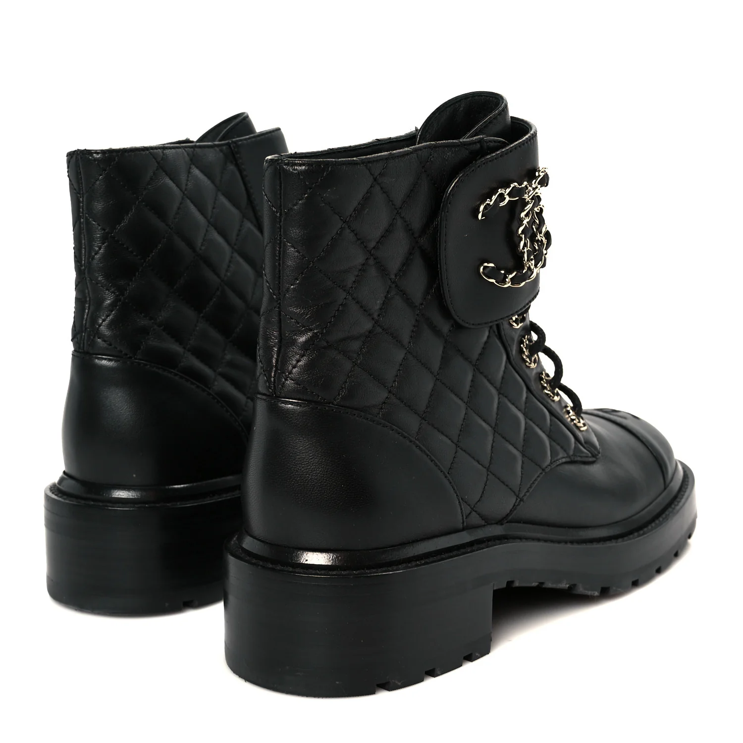 Shiny Lambskin Quilted Lace Up Combat Boots 39 Black - Top Club
