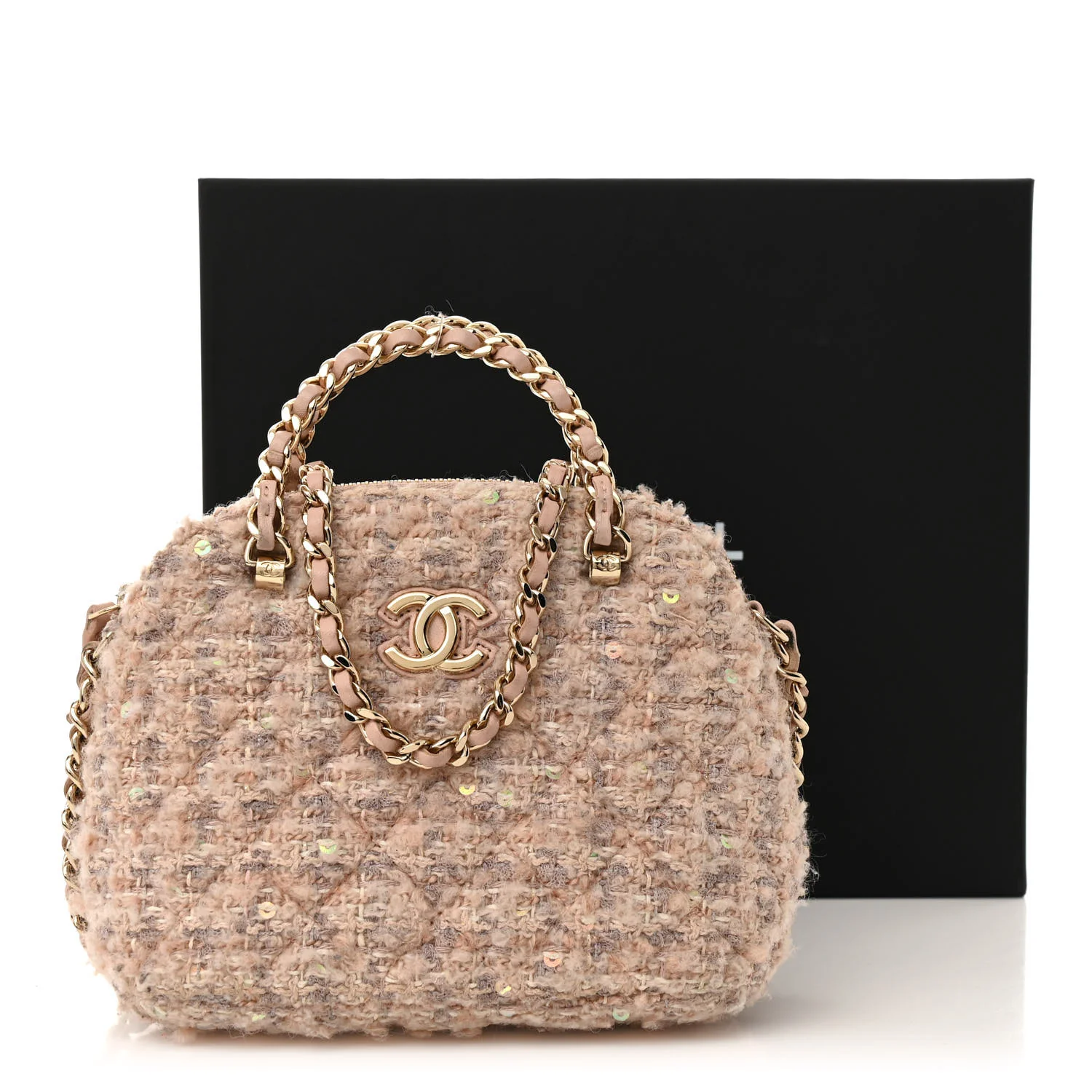 Cotton Wool Tweed Sequin Quilted Shiny Coco Clutch With Chain Light Pink Beige Ecru - Top Club